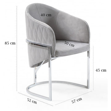 Chaise de salle à manger design avec capitonnage à l'arrière revêtement en velours gris clair et piètement en acier inoxydable argenté collection SENECA