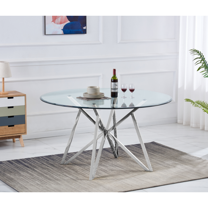 Table à manger avec plateau transparent et pieds en acier inoxydable. - Meublei