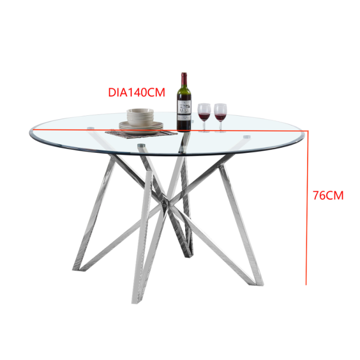 Table à manger avec plateau transparent et pieds en acier inoxydable. - Meublei