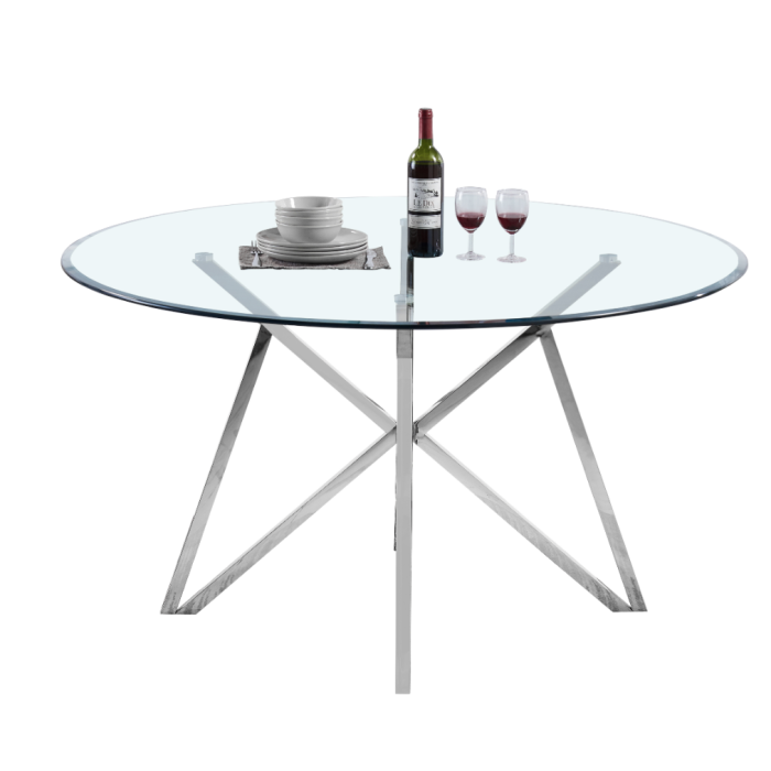 Table à manger avec plateau transparent et pieds en acier inoxydable. - Meublei