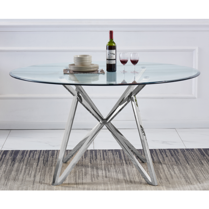 Table à manger avec plateau transparent et pieds en acier inoxydable. - Meublei