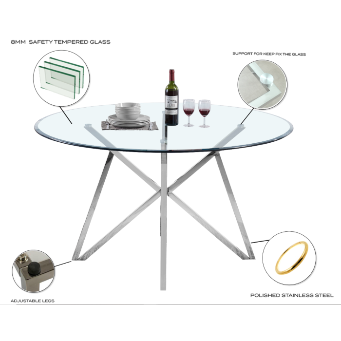 Table à manger avec plateau transparent et pieds en acier inoxydable. - Meublei