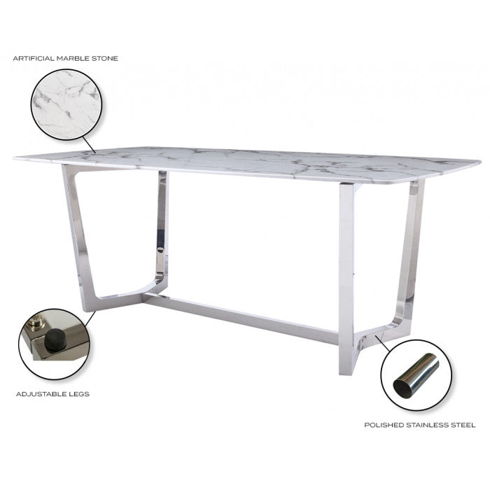 Table de salle à manger design avec un plateau en marbre artificiel blanc et un piètement en acier inoxydable poli argenté Collection Veneta L. 200 x P. 100 x H. 76 cm