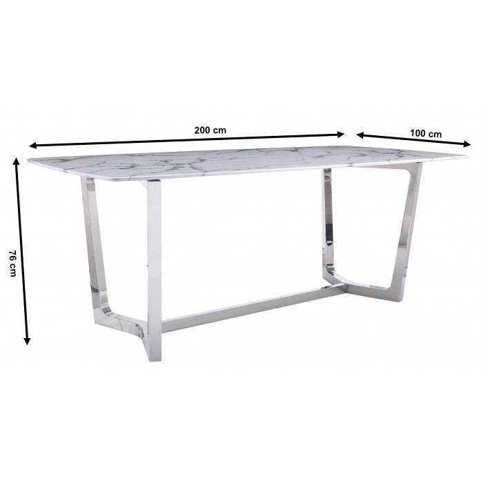 Table de salle à manger design avec un plateau en marbre artificiel blanc et un piètement en acier inoxydable poli argenté Collection Veneta L. 200 x P. 100 x H. 76 cm