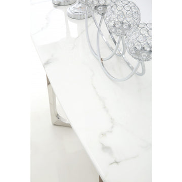 Table de salle à manger design avec un plateau en marbre artificiel blanc et un piètement en acier inoxydable poli argenté Collection Veneta L. 200 x P. 100 x H. 76 cm