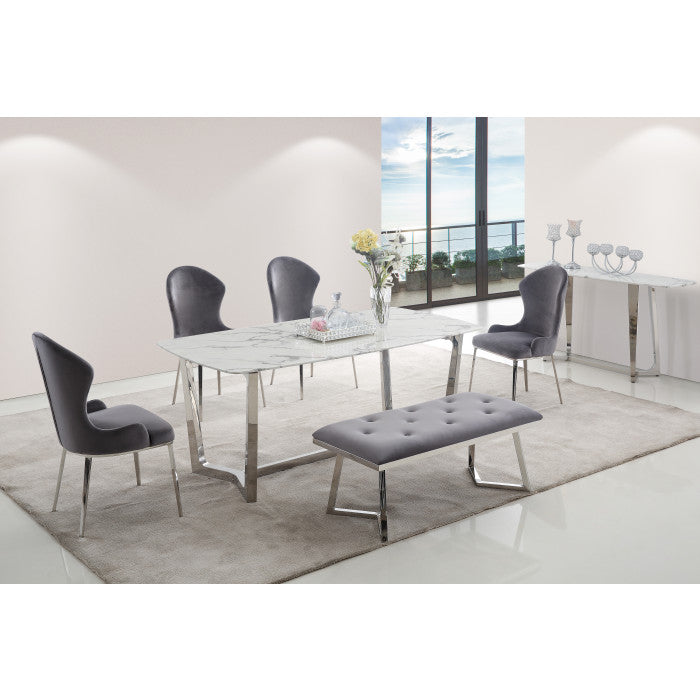 Table de salle à manger design avec un plateau en marbre artificiel blanc et un piètement en acier inoxydable poli argenté Collection Veneta L. 200 x P. 100 x H. 76 cm