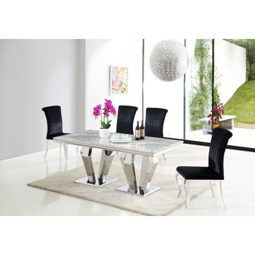 Table de salle à manger design plateau en marbre gris et piètement en acier inoxydable poli argenté Collection Valentino L. 200 x P. 100 x H. 76 cm