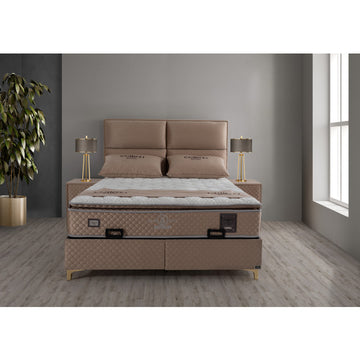 Ensemble de lit coffre 160x200 en velours beige avec un matelas à ressorts ensachés 7 zones de confort de la collection AMSTERDAM