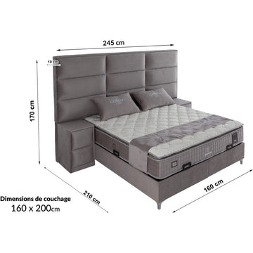 Ensemble de lit coffre 160x200 en velours gris avec un matelas à ressorts ensachés 7 zones de confort de la collection MOSCOW