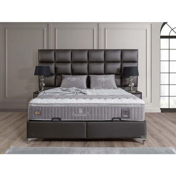 Ensemble de lit coffre 180x200 en pvc anthracite avec un matelas à ressorts ensachés 7 zones de confort de la collection BARCELONA