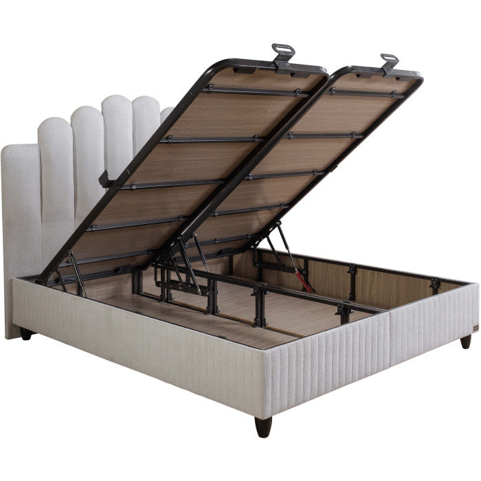 Ensemble de lit coffre 180x200 en tissu bouclette blanc avec un matelas à ressorts ensachés 7 zones de confort de la collection ATHENA