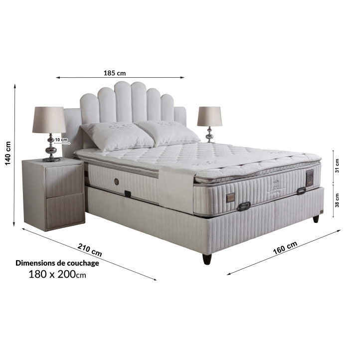 Ensemble de lit coffre 180x200 en tissu bouclette blanc avec un matelas à ressorts ensachés 7 zones de confort de la collection ATHENA