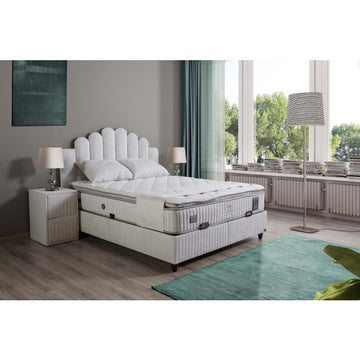 Ensemble de lit coffre 180x200 en tissu bouclette blanc avec un matelas à ressorts ensachés 7 zones de confort de la collection ATHENA