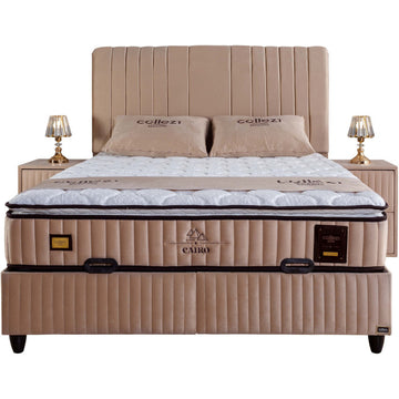 Ensemble de lit coffre 180x200 en velours beige avec un matelas à ressorts ensachés 7 zones de confort de la collection CAIRO