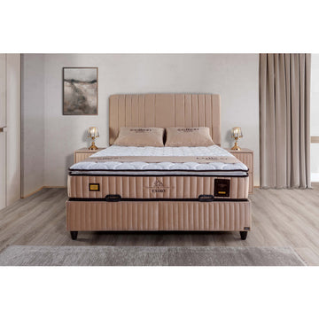 Ensemble de lit coffre 180x200 en velours beige avec un matelas à ressorts ensachés 7 zones de confort de la collection CAIRO
