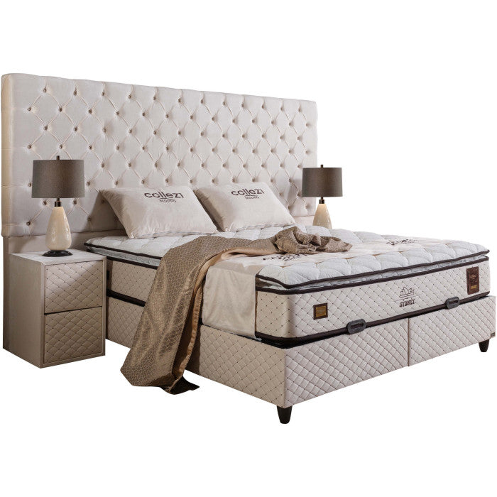 Ensemble de lit coffre 180x200 en velours beige avec un matelas à ressorts ensachés 7 zones de confort de la collection SYDNEY