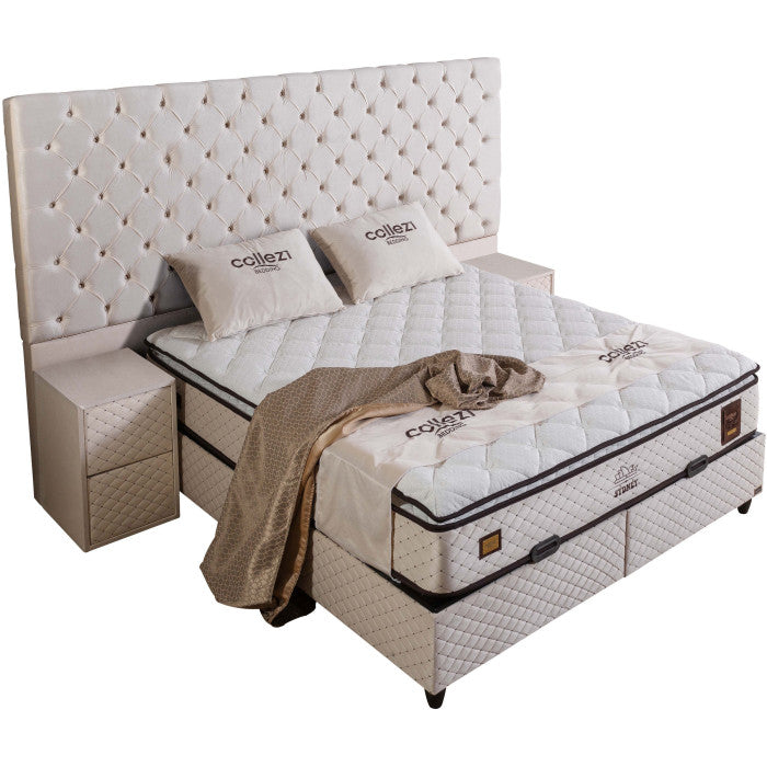 Ensemble de lit coffre 180x200 en velours beige avec un matelas à ressorts ensachés 7 zones de confort de la collection SYDNEY