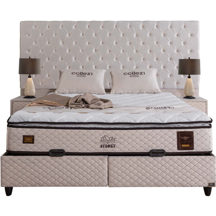 Ensemble de lit coffre 180x200 en velours beige avec un matelas à ressorts ensachés 7 zones de confort de la collection SYDNEY