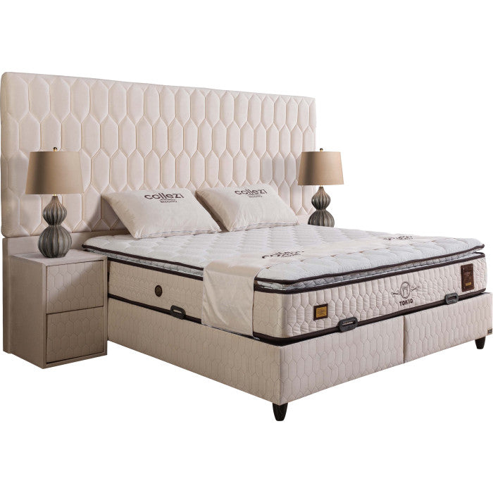 Ensemble de lit coffre 180x200 en velours beige avec un matelas à ressorts ensachés 7 zones de confort de la collection TOKYO