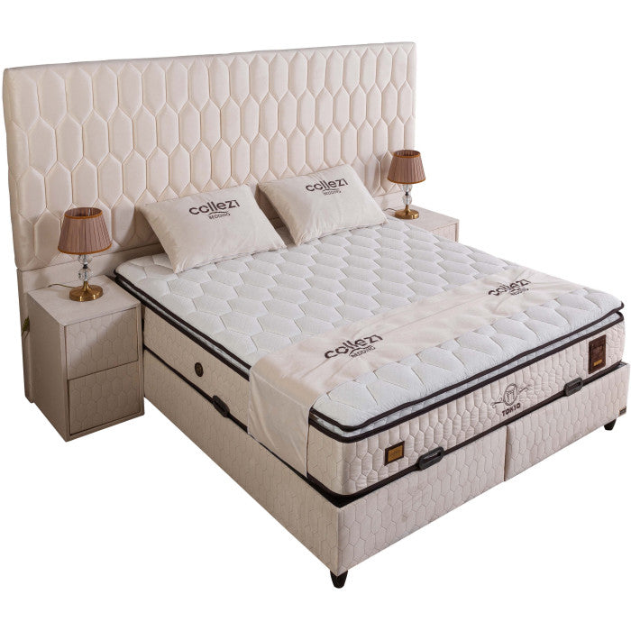 Ensemble de lit coffre 180x200 en velours beige avec un matelas à ressorts ensachés 7 zones de confort de la collection TOKYO