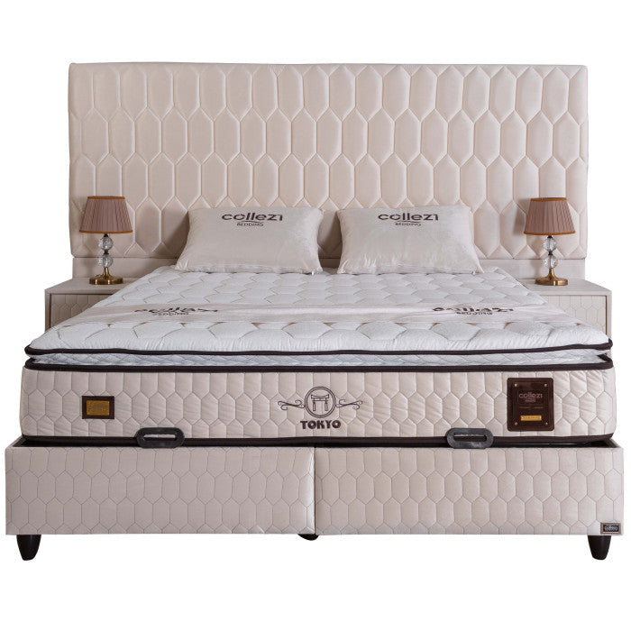 Ensemble de lit coffre 180x200 en velours beige avec un matelas à ressorts ensachés 7 zones de confort de la collection TOKYO