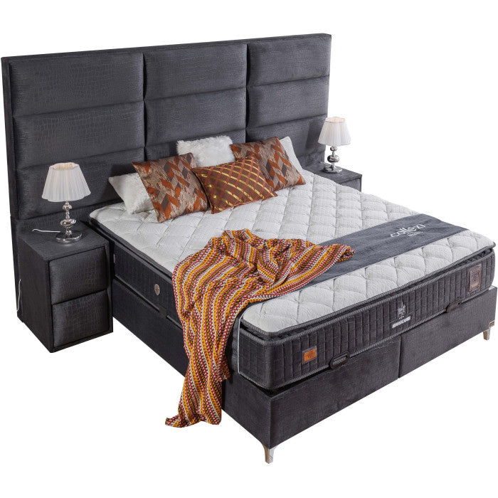 Ensemble de lit coffre 180x200 en velours gris avec un matelas à ressorts ensachés 7 zones de confort de la collection MOSCOW