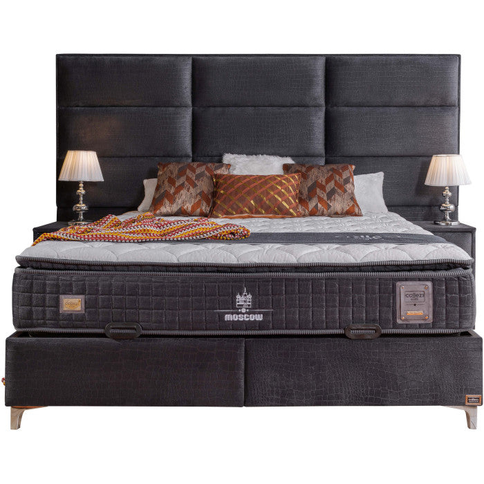 Ensemble de lit coffre 180x200 en velours gris avec un matelas à ressorts ensachés 7 zones de confort de la collection MOSCOW