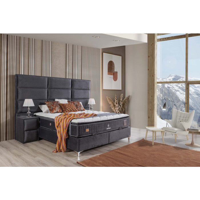 Ensemble de lit coffre 180x200 en velours gris avec un matelas à ressorts ensachés 7 zones de confort de la collection MOSCOW