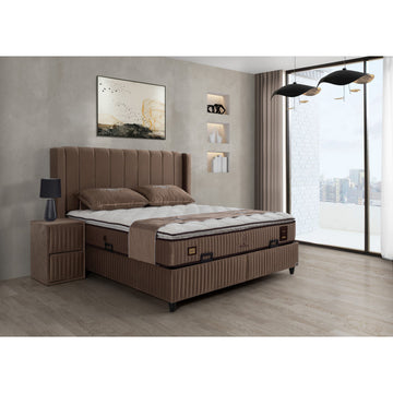 Ensemble de lit coffre 180x200 en velours marron avec un matelas à ressorts ensachés 7 zones de confort de la collection BRUSSELS