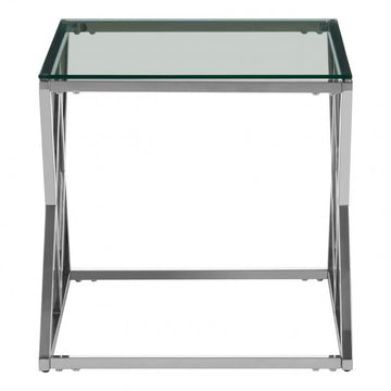 Table d'appoint design en acier inoxydable poli argenté et plateau en verre trempé transparent L. 55 x P. 55 x H. 55 cm collection ROMA