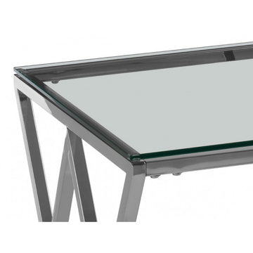 Table d'appoint design en acier inoxydable poli argenté et plateau en verre trempé transparent L. 55 x P. 55 x H. 55 cm collection ROMA