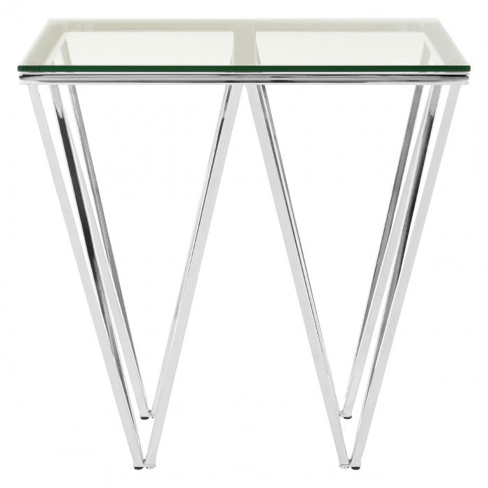 Table d'appoint design en acier inoxydable poli argenté et plateau en verre trempé transparent L. 55 x P. 55 x H. 52 cm collection VERONA