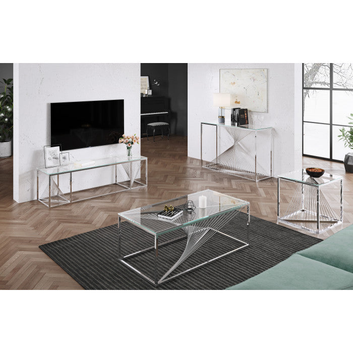 Table d'appoint design en acier inoxydable poli argenté et plateau en verre trempé transparent L. 55 x P. 55 x H. 55 cm collection BOLZANO