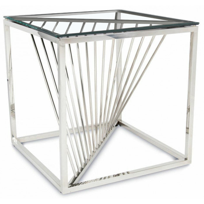 Table d'appoint design en acier inoxydable poli argenté et plateau en verre trempé transparent L. 55 x P. 55 x H. 55 cm collection BOLZANO