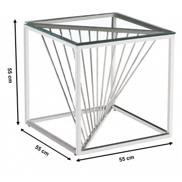 Table d'appoint design en acier inoxydable poli argenté et plateau en verre trempé transparent L. 55 x P. 55 x H. 55 cm collection BOLZANO