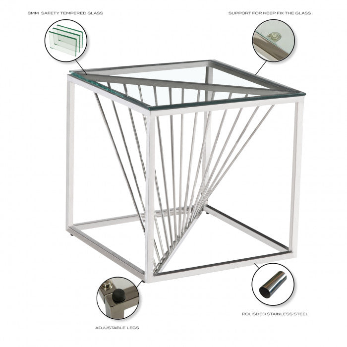 Table d'appoint design en acier inoxydable poli argenté et plateau en verre trempé transparent L. 55 x P. 55 x H. 55 cm collection BOLZANO