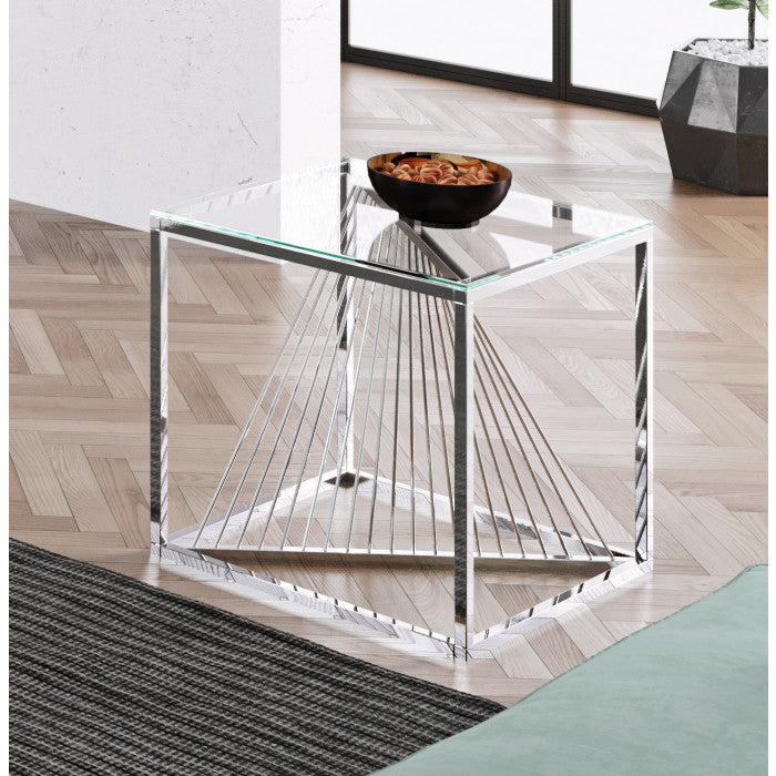 Table d'appoint design en acier inoxydable poli argenté et plateau en verre trempé transparent L. 55 x P. 55 x H. 55 cm collection BOLZANO