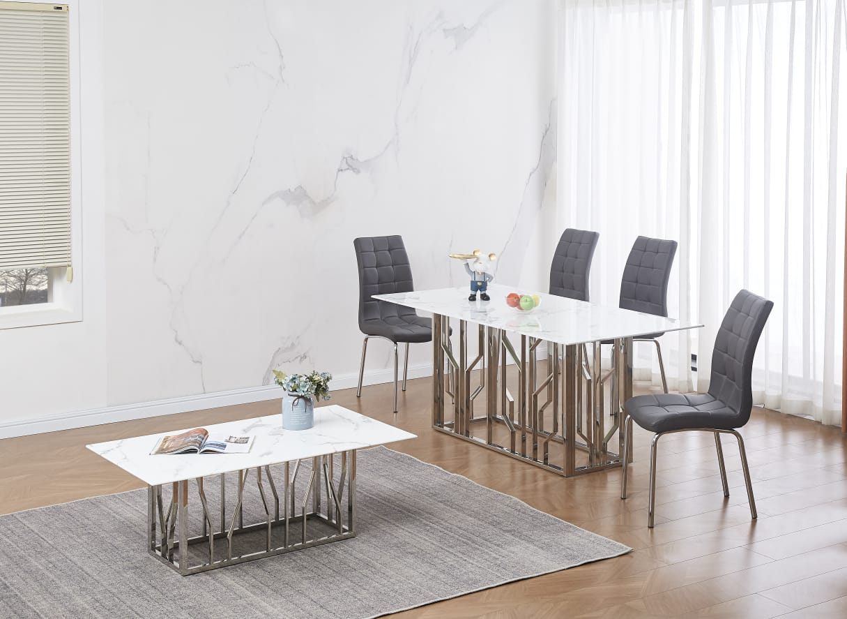 Ensemble de table à Manger argenté en Marbre Blanc ET 4 Chaises Similicuir Gris - Meublei