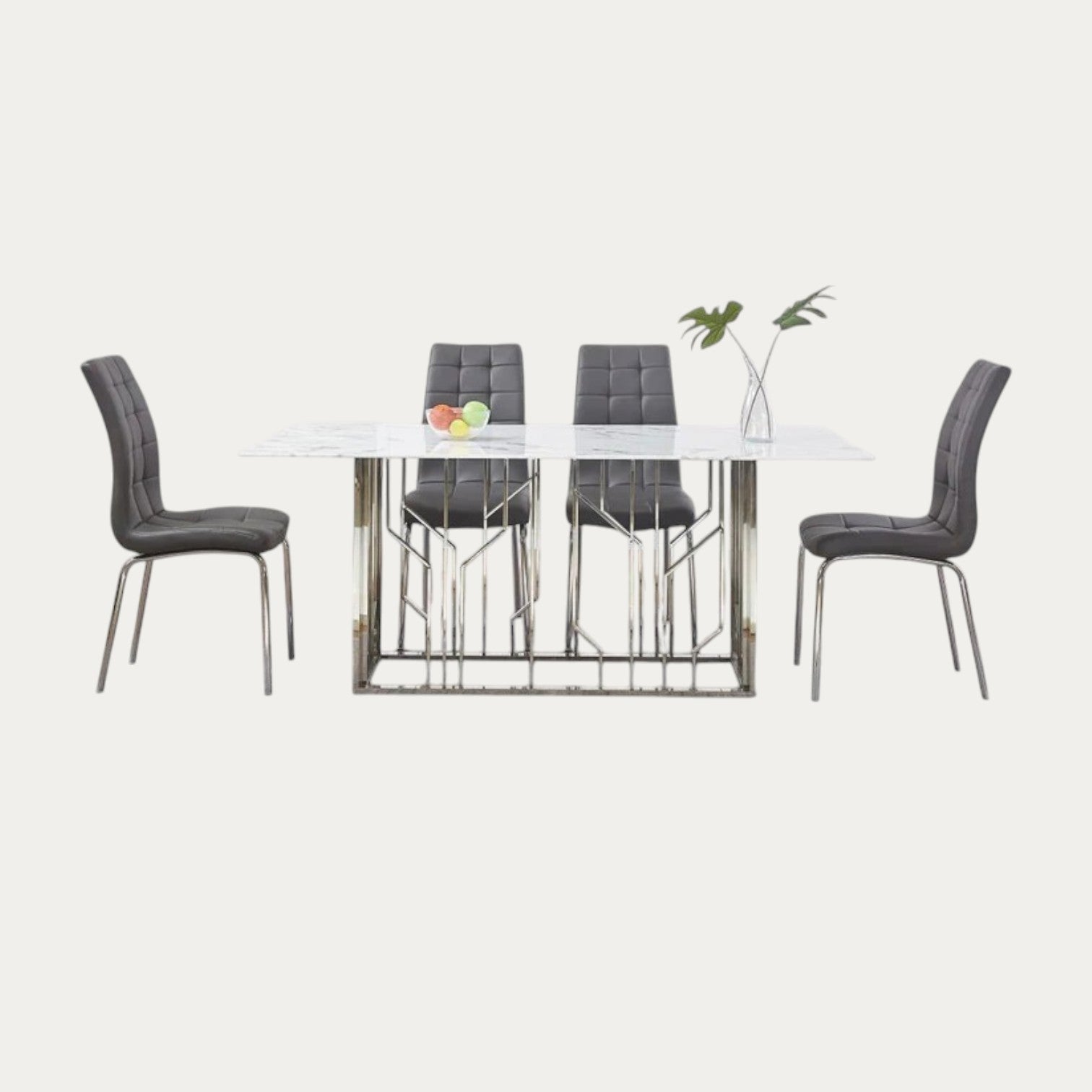 Ensemble de table à Manger argenté en Marbre Blanc ET 4 Chaises Similicuir Gris - Meublei