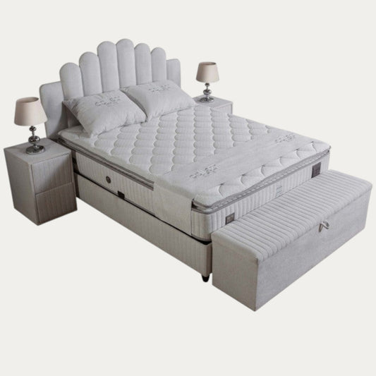 Ensemble de lit coffre ATHENA en tissu bouclette blanc avec matelas à ressorts - Meublei