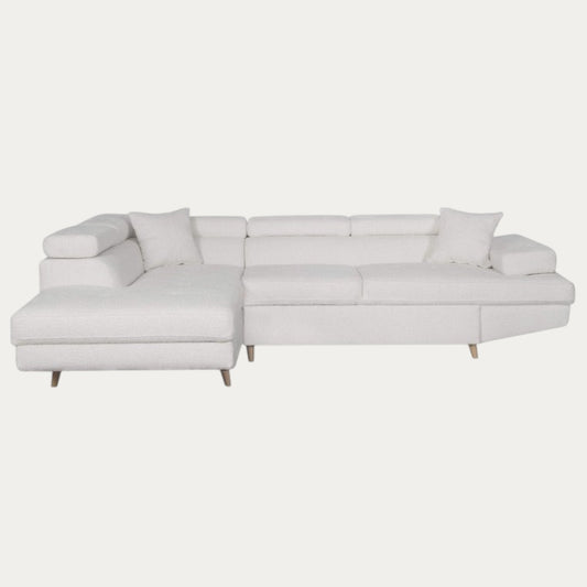 Canapé d'angle ROMEO SCANDINAVE convertible avec coffre pieds bois en tissu bouclette - Meublei