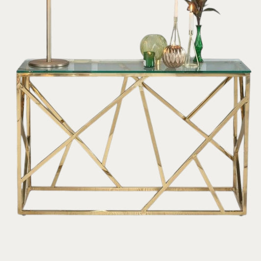 Table de console en verre transparent fumé et pieds dorés - Meublei