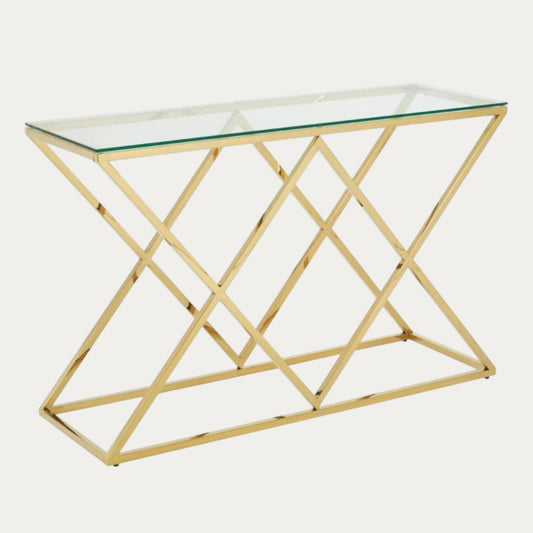 Console design en acier doré avec plateau en verre transparent  L. 120 x P. 40 x H. 78 cm - Meublei