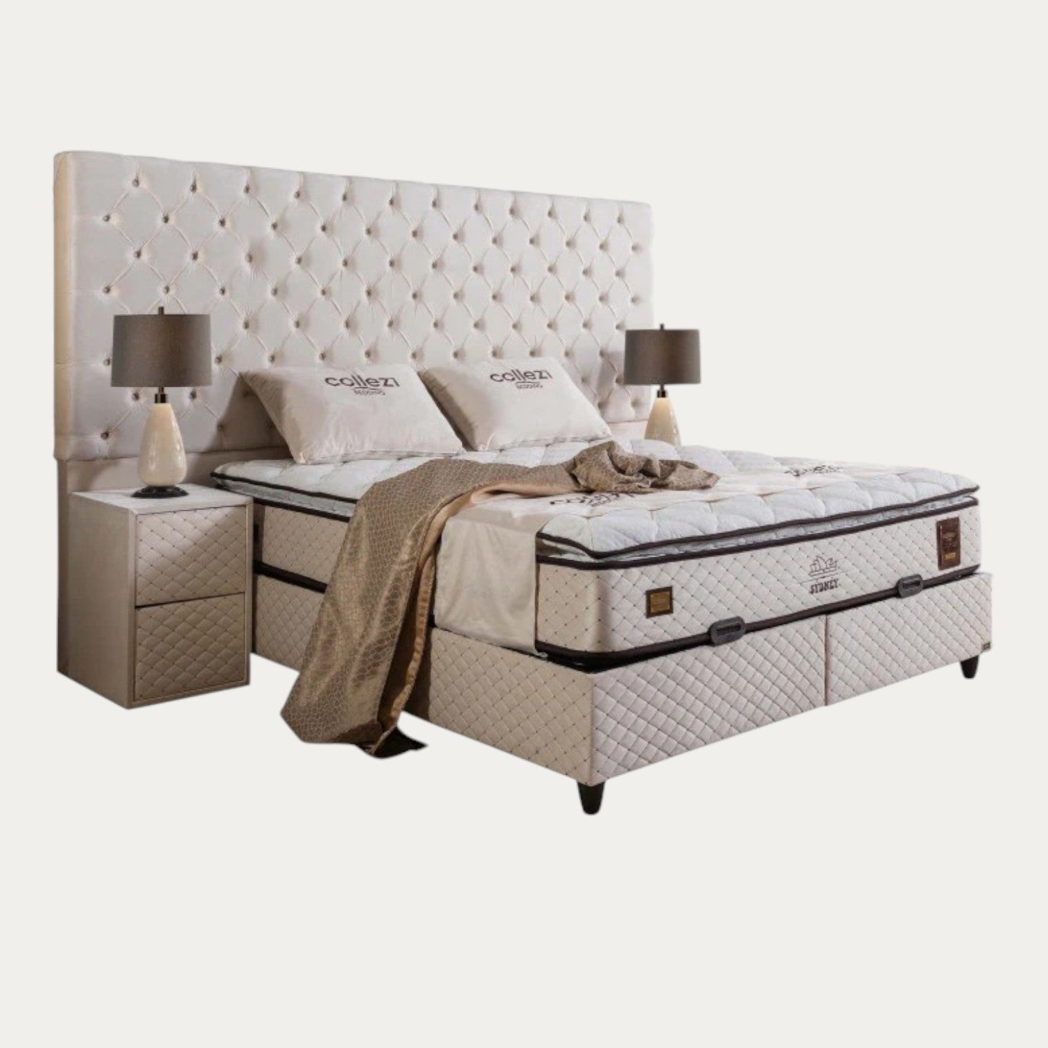 Ensemble de lit coffre en velours beige avec matelas à ressorts - Meublei