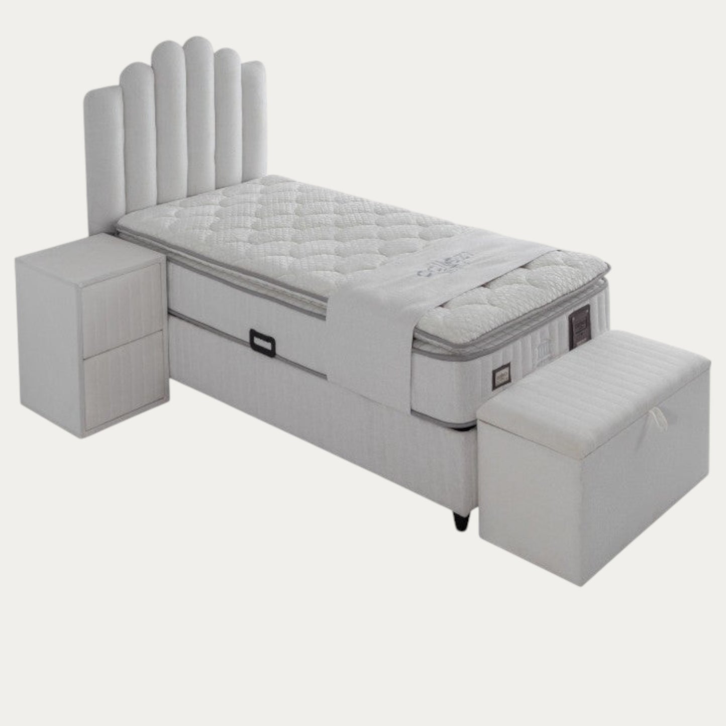 Ensemble de lit coffre ATHENA en tissu bouclette blanc avec matelas à ressorts - Meublei