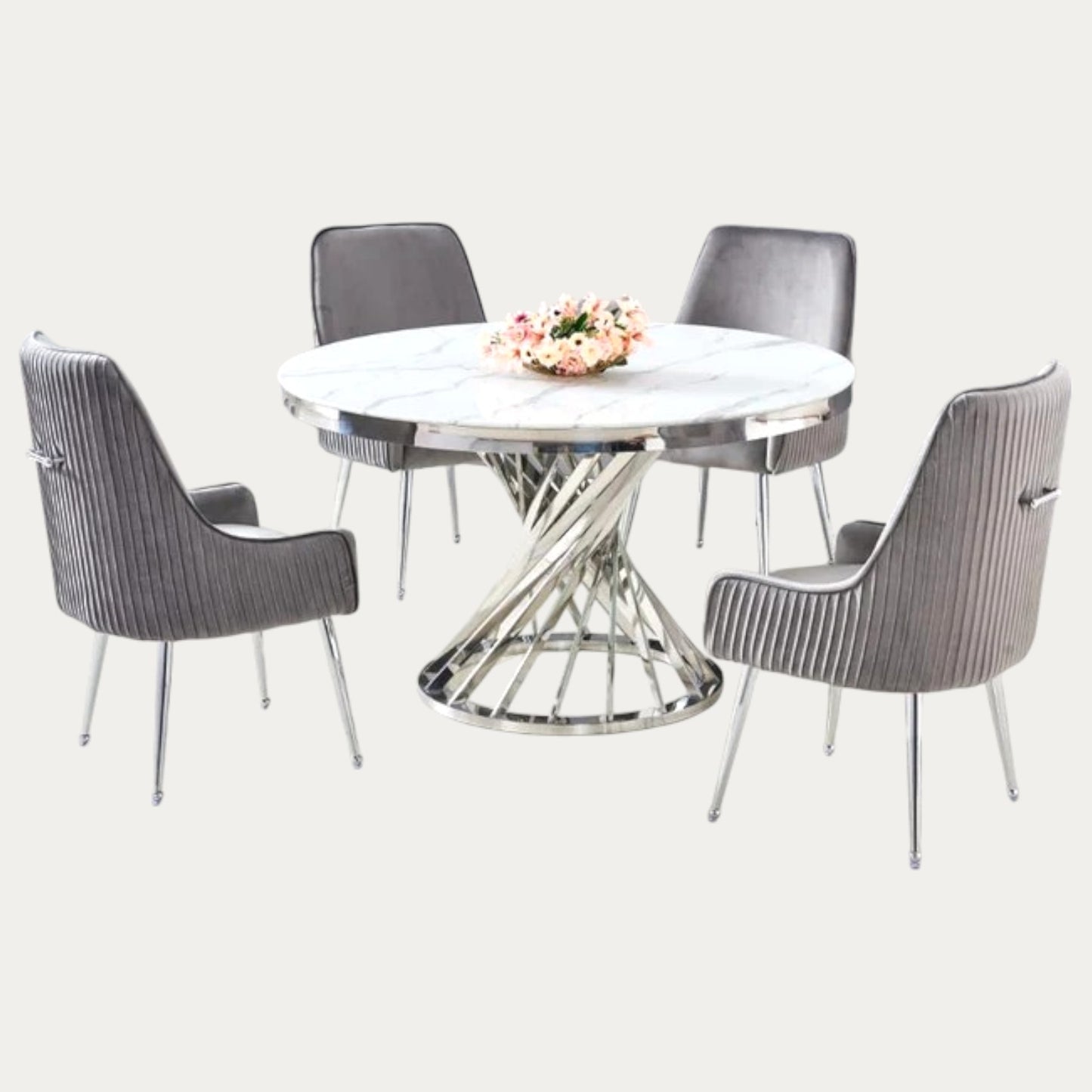 Ensemble Table à Manger en Marbre Blanc et 4 Chaises en Velours Gris avec Pieds argenté - Meublei