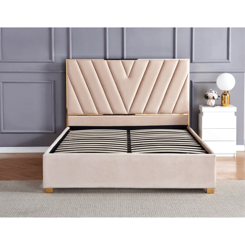 Lit Double MIA en velours beige et doré avec sommier et coffre