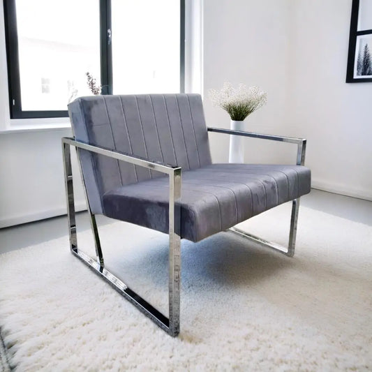 Fauteuil Élégant en velours gris avec Structure Métal argenté – Style Minimaliste et Confortable" - Meublei