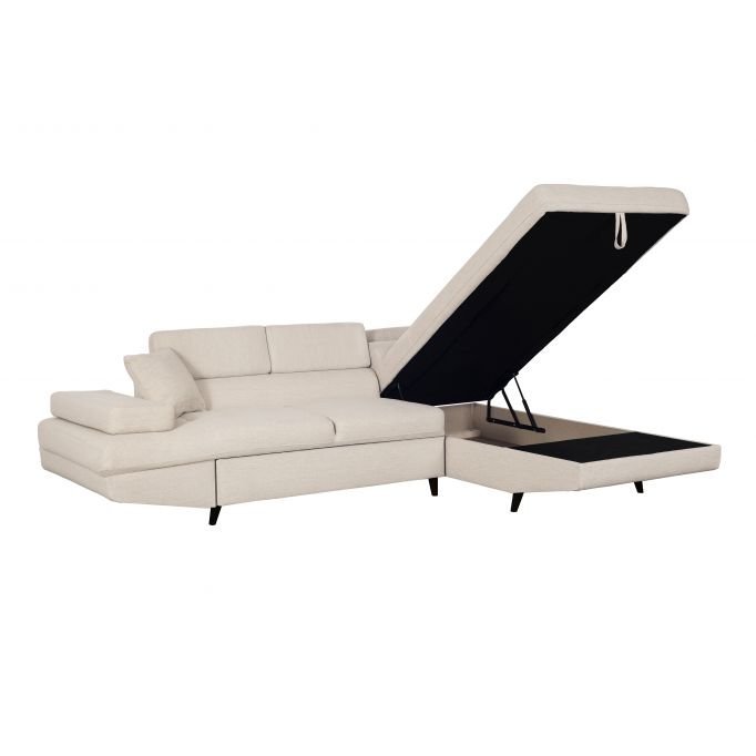 Canapé d'angle ROMEO SCANDINAVE convertible avec coffre, pieds bois noir, en tissu - Meublei