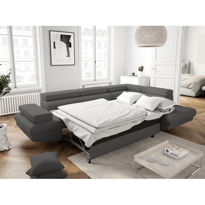 Canapé d'angle ROMEO SCANDINAVE convertible avec coffre, pieds bois noir, en tissu - Meublei